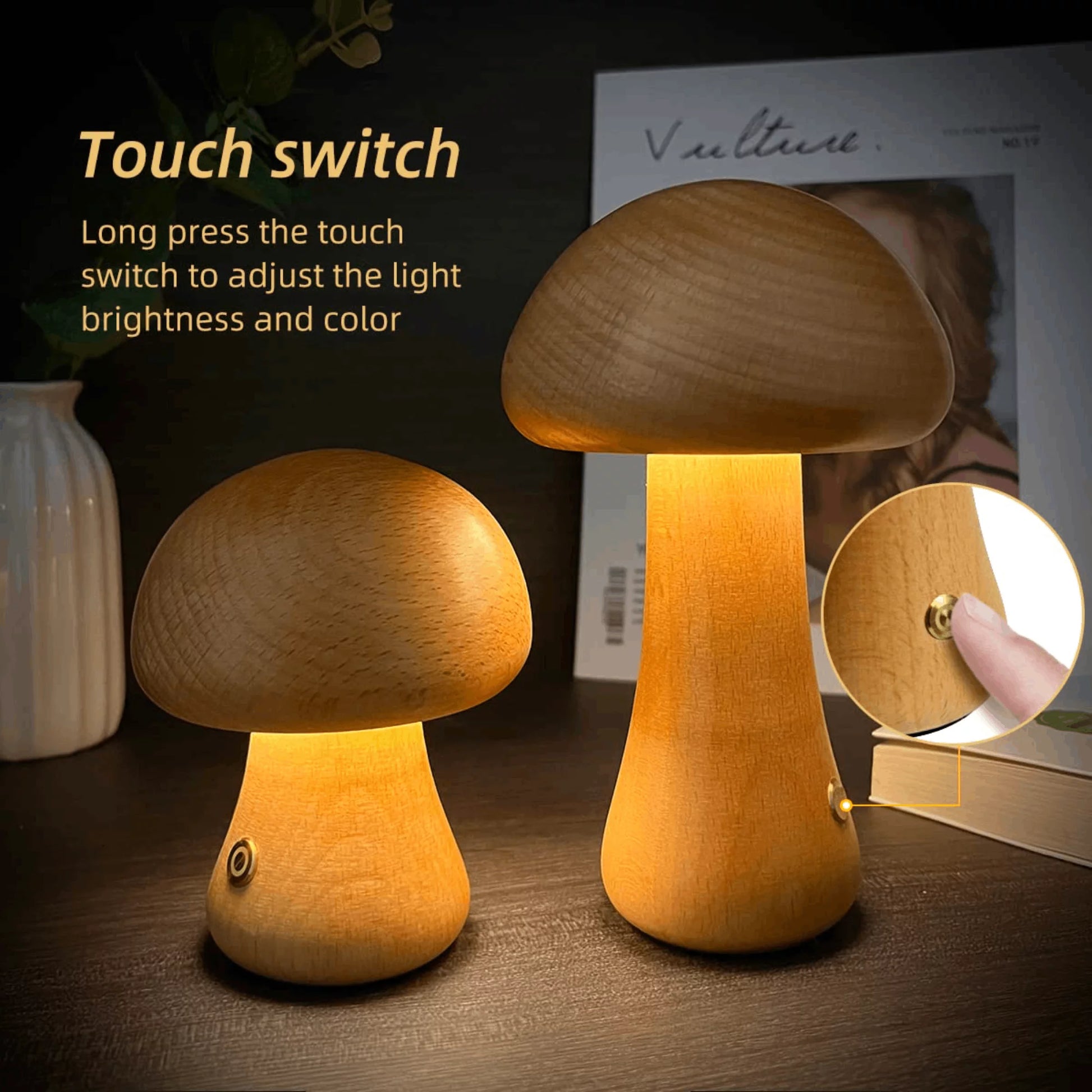 Wooden Mushroom Night Light with Dimmable LED and USB Charging for Home Decor