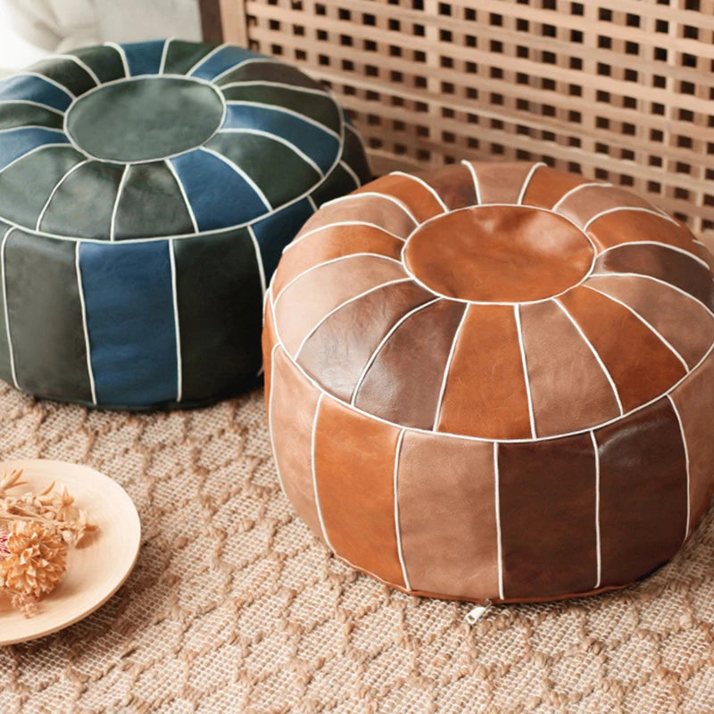 Moroccan PU Leather Pouf Embroider Craft Ottoman Footstool round Large 50*35Cm Artificial Leather Unstuffed Cushion