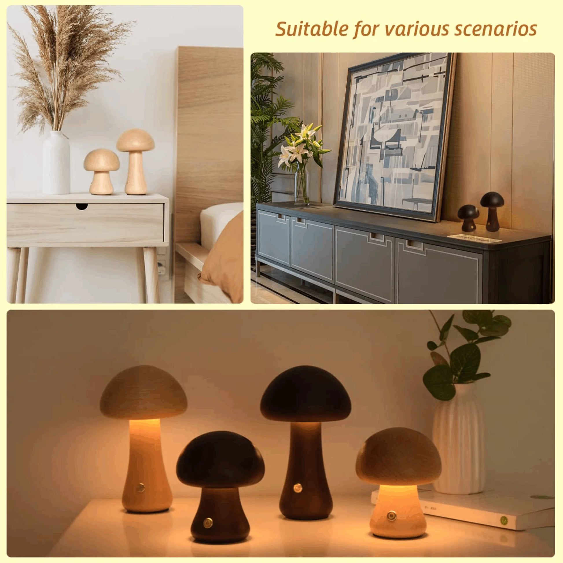 Wooden Mushroom Night Light with Dimmable LED and USB Charging for Home Decor