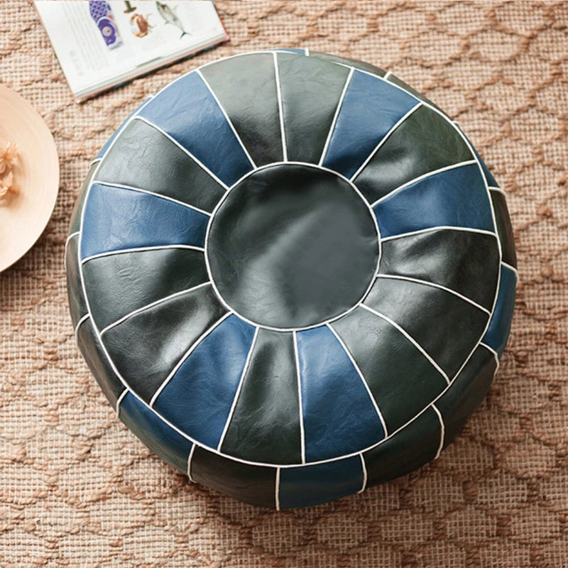 Moroccan PU Leather Pouf Embroider Craft Ottoman Footstool round Large 50*35Cm Artificial Leather Unstuffed Cushion