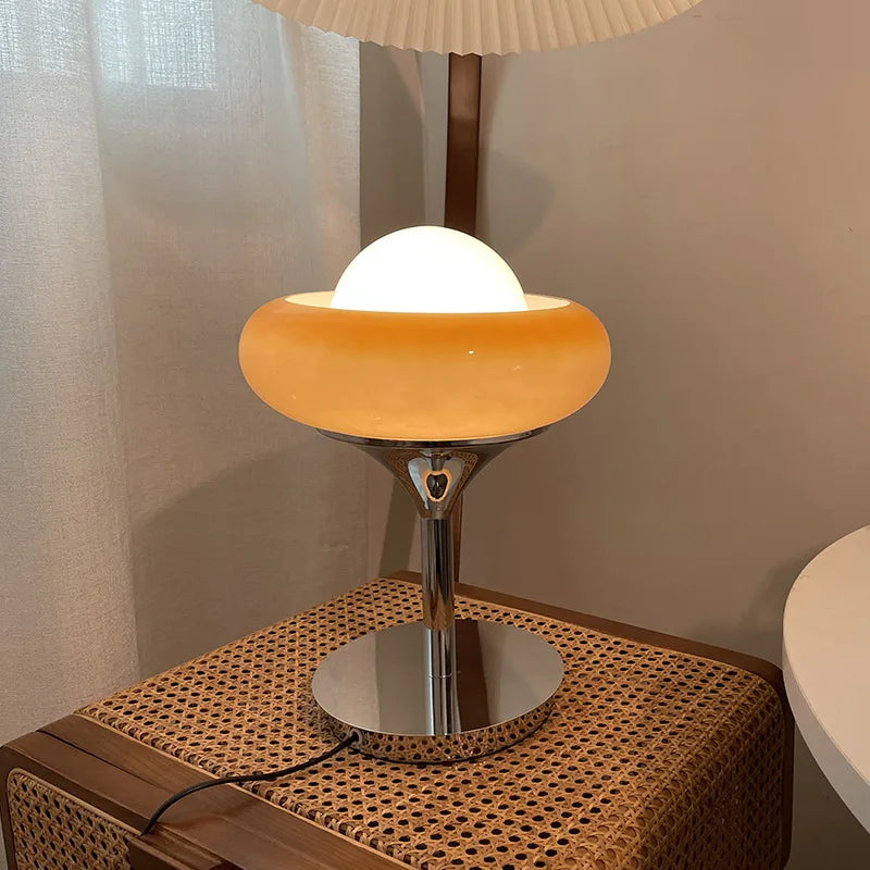 Nordic Egg Tart Japanese-Style Table Lamp Brown Retro Creamy White Lampshade Iron Bottom Table Lamp Bedroom Bedside Decoration