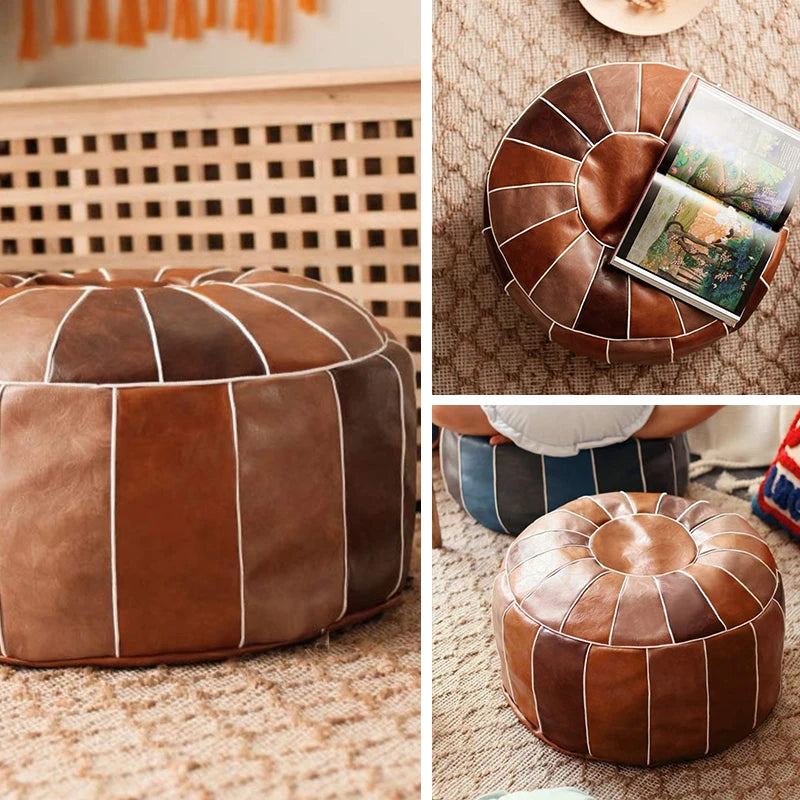 Moroccan PU Leather Pouf Embroider Craft Ottoman Footstool round Large 50*35Cm Artificial Leather Unstuffed Cushion