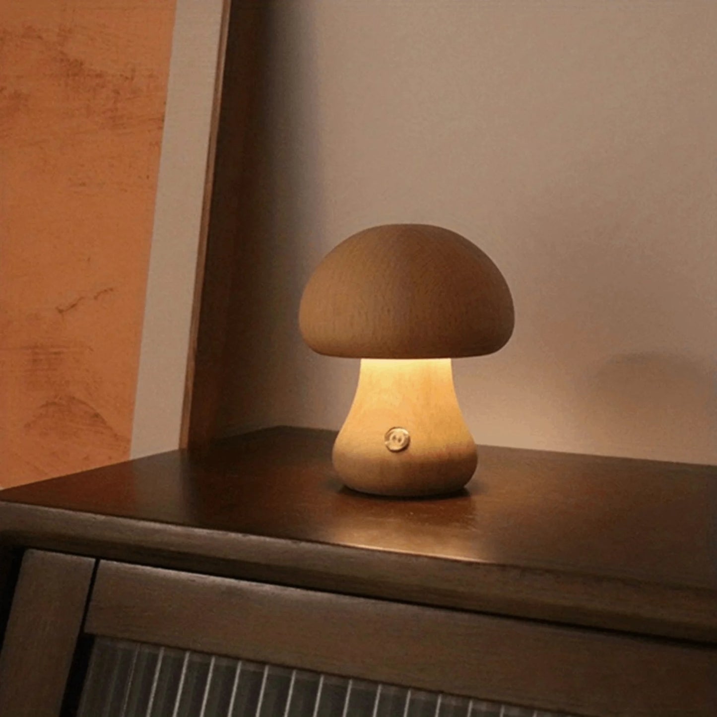 Wooden Mushroom Night Light with Dimmable LED and USB Charging for Home Decor