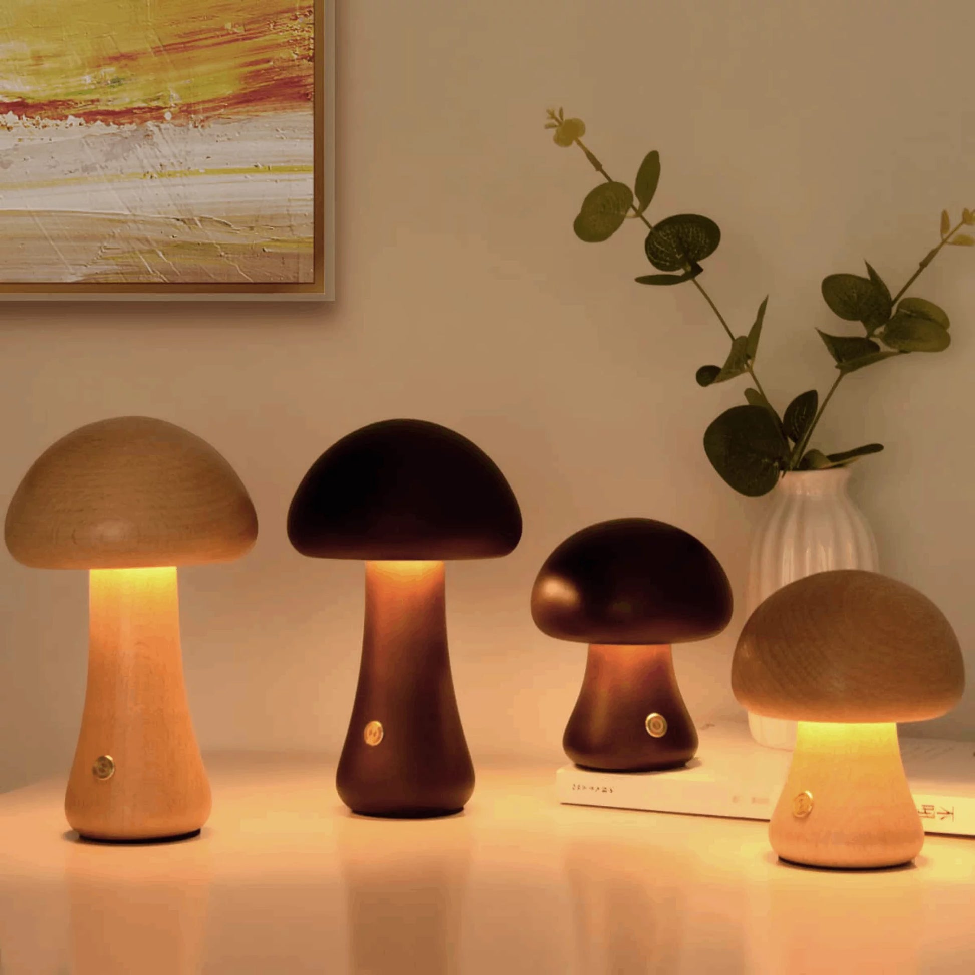 Wooden Mushroom Night Light with Dimmable LED and USB Charging for Home Decor