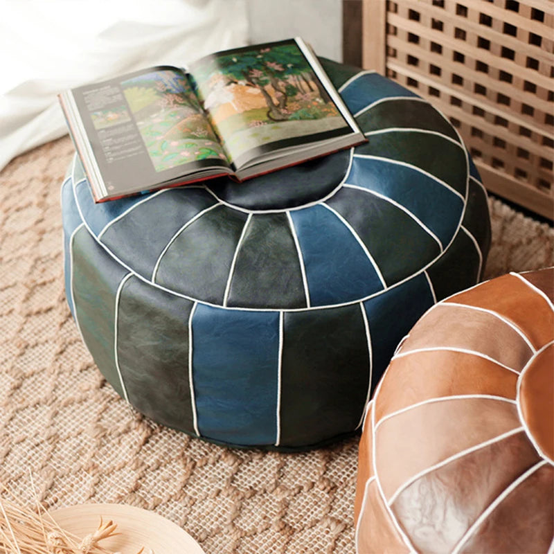 Moroccan PU Leather Pouf Embroider Craft Ottoman Footstool round Large 50*35Cm Artificial Leather Unstuffed Cushion