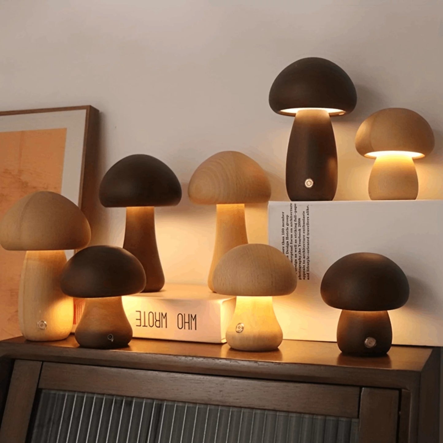 Wooden Mushroom Night Light with Dimmable LED and USB Charging for Home Decor